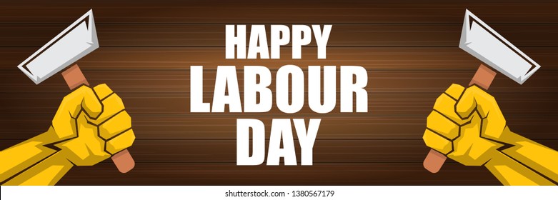 Happy labour day vector label with strong orange fist on wooden wall horizontal background. vector happy labor day background or horizontal banner with man hand. workers may day poster 