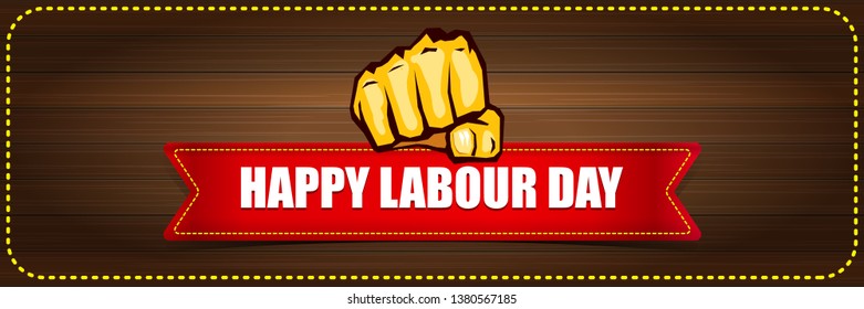 Happy labour day vector label with strong orange fist on wooden wall horizontal background. vector happy labor day background or horizontal banner with man hand. workers may day poster 