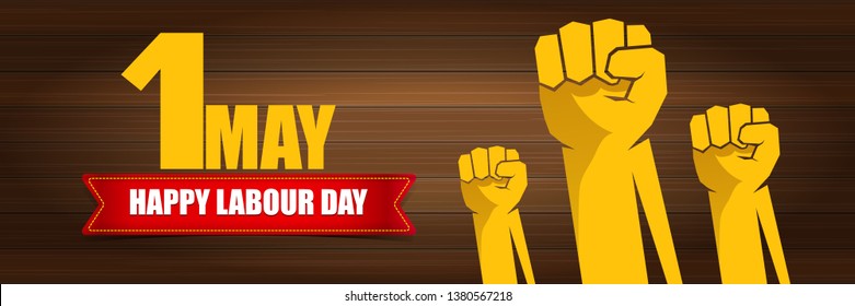 Happy labour day vector label with strong orange fist on wooden wall horizontal background. vector happy labor day background or horizontal banner with man hand. workers may day poster 