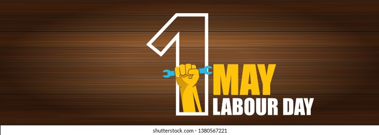 Happy labour day vector label with strong orange fist on wooden wall horizontal background. vector happy labor day background or horizontal banner with man hand. workers may day poster 