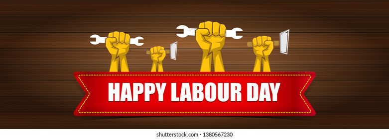 Happy labour day vector label with strong orange fist on wooden wall horizontal background. vector happy labor day background or horizontal banner with man hand. workers may day poster 