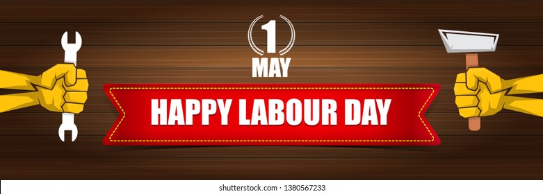 Happy labour day vector label with strong orange fist on wooden wall horizontal background. vector happy labor day background or horizontal banner with man hand. workers may day poster 