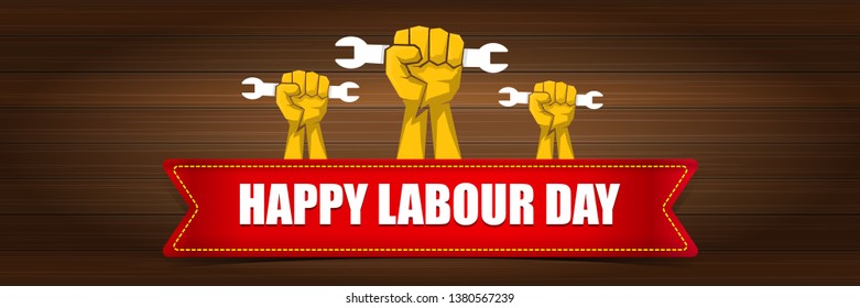 Happy labour day vector label with strong orange fist on wooden wall horizontal background. vector happy labor day background or horizontal banner with man hand. workers may day poster 