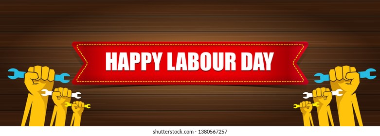 Happy labour day vector label with strong orange fist on wooden wall horizontal background. vector happy labor day background or horizontal banner with man hand. workers may day poster 