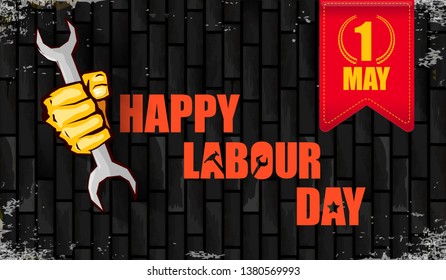 Happy labour day vector label with strong orange fist isolated on birck wall horizontal background. vector happy labor day background or horizontal banner with man hand. red workers may day poster 