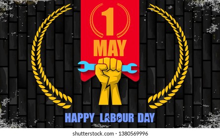 Happy labour day vector label with strong orange fist isolated on birck wall horizontal background. vector happy labor day background or horizontal banner with man hand. red workers may day poster 