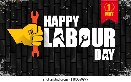 Happy labour day vector label with strong orange fist isolated on birck wall horizontal background. vector happy labor day background or horizontal banner with man hand. red workers may day poster 