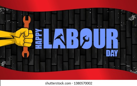 Happy labour day vector label with strong orange fist isolated on birck wall horizontal background. vector happy labor day background or horizontal banner with man hand. red workers may day poster 