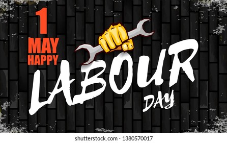 Happy labour day vector label with strong orange fist isolated on birck wall horizontal background. vector happy labor day background or horizontal banner with man hand. red workers may day poster 