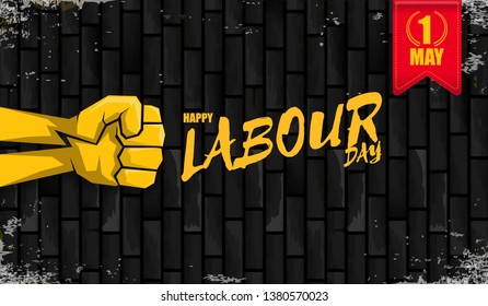 Happy labour day vector label with strong orange fist isolated on birck wall horizontal background. vector happy labor day background or horizontal banner with man hand. red workers may day poster 