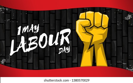 Happy labour day vector label with strong orange fist isolated on birck wall horizontal background. vector happy labor day background or horizontal banner with man hand. red workers may day poster 