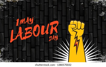Happy labour day vector label with strong orange fist isolated on birck wall horizontal background. vector happy labor day background or horizontal banner with man hand. red workers may day poster 