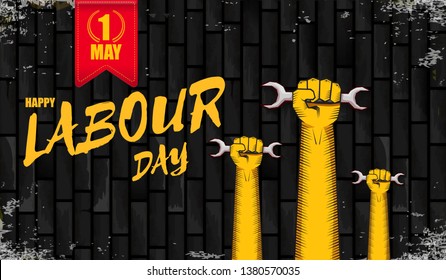 Happy labour day vector label with strong orange fist isolated on birck wall horizontal background. vector happy labor day background or horizontal banner with man hand. red workers may day poster 