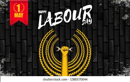 Happy labour day vector label with strong orange fist isolated on birck wall horizontal background. vector happy labor day background or horizontal banner with man hand. red workers may day poster 