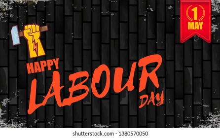 Happy labour day vector label with strong orange fist isolated on birck wall horizontal background. vector happy labor day background or horizontal banner with man hand. red workers may day poster 