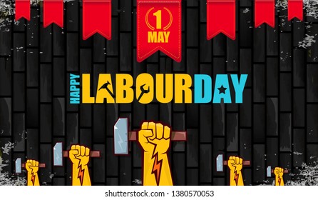 Happy labour day vector label with strong orange fist isolated on birck wall horizontal background. vector happy labor day background or horizontal banner with man hand. red workers may day poster 