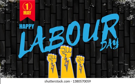 Happy labour day vector label with strong orange fist isolated on birck wall horizontal background. vector happy labor day background or horizontal banner with man hand. red workers may day poster 