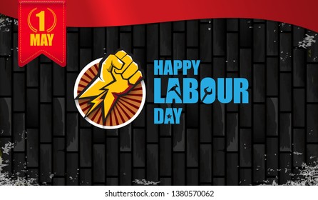 Happy labour day vector label with strong orange fist isolated on birck wall horizontal background. vector happy labor day background or horizontal banner with man hand. red workers may day poster 