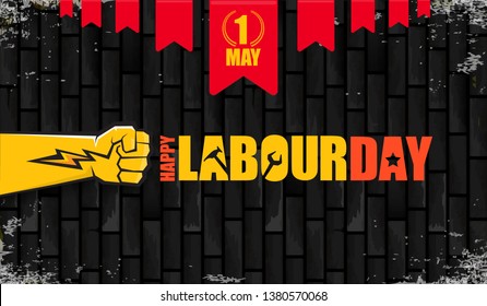 Happy labour day vector label with strong orange fist isolated on birck wall horizontal background. vector happy labor day background or horizontal banner with man hand. red workers may day poster 