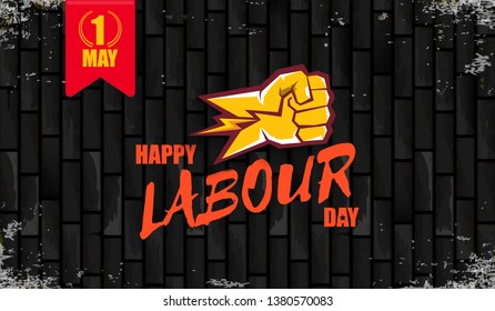 Happy labour day vector label with strong orange fist isolated on birck wall horizontal background. vector happy labor day background or horizontal banner with man hand. red workers may day poster 