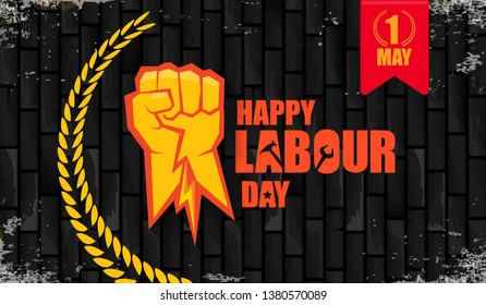Happy labour day vector label with strong orange fist isolated on birck wall horizontal background. vector happy labor day background or horizontal banner with man hand. red workers may day poster 