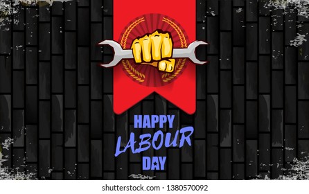 Happy labour day vector label with strong orange fist isolated on birck wall horizontal background. vector happy labor day background or horizontal banner with man hand. red workers may day poster 