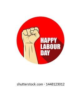 Happy labour day vector label with strong fist hand