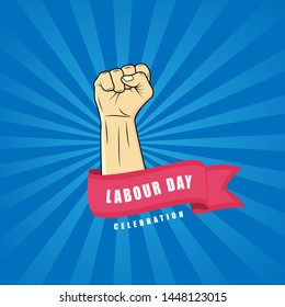 Happy labour day vector label with strong fist hand
