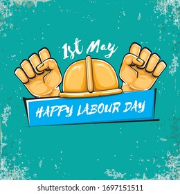 Etiqueta vector feliz del día laboral con puño naranja fuerte aislado en fondo turquesa gris. fondo vectorial feliz del día del trabajo con mano del hombre. afiche del día de los trabajadores rojos