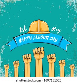 Happy labour day vector label with strong orange fist isolated on grunge turquoise background. vector happy labor day background with man hand. red workers may day poster