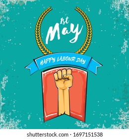Happy labour day vector label with strong orange fist isolated on grunge turquoise background. vector happy labor day background with man hand. red workers may day poster
