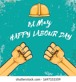 Etiqueta vector feliz del día laboral con puño naranja fuerte aislado en fondo turquesa gris. fondo vectorial feliz del día del trabajo con mano del hombre. afiche del día de los trabajadores rojos
