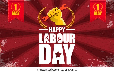 Happy labour day vector label with strong orange fist isolated on red rays horizontal background. vector happy labor day background or horizontal banner with man hand. red workers may day poster 