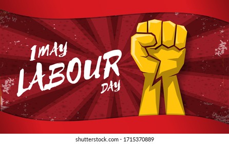 Etiqueta vector feliz del día laboral con puño naranja fuerte aislado en fondo horizontal de rayos rojos. fondo vectorial del día de trabajo feliz o banner horizontal con mano hombre. afiche del día de los trabajadores rojos 