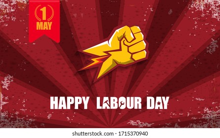 Frohes Vektorillustration-Label am Arbeitstag mit starker orangefarbener Faust einzeln auf rotem, horizontalem Hintergrund. Vektorillustration-Happy-Day Hintergrund oder horizontaler Banner mit der Hand. rote Arbeiter können Tagesplakat 