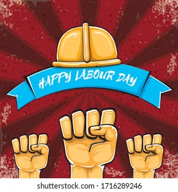 Happy labour day vector label with strong orange hand fist isolated on grunge red background with rays. vector happy labor day background with man hand. red workers may day poster design