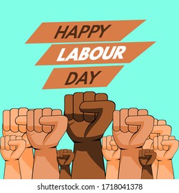 Happy labour day vector label with many strong fists people. vector happy labor day background or banner with people hand.
