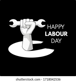 Happy labour day vector label with strong white fist on black background. vector happy labor day background or banner with man hand.