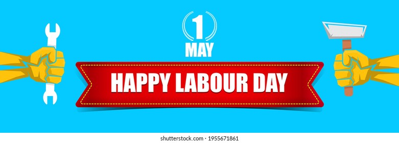 Happy labour day vector label with strong orange fist on blue horizontal background. vector happy labor day background or horizontal banner with man hand. workers may day poster