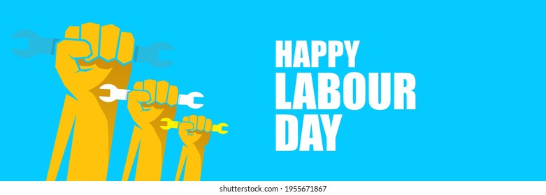 Etiqueta del vector feliz día laboral con puño naranja fuerte sobre fondo horizontal azul. fondo del día de trabajo feliz vector o banner horizontal con mano de hombre. afiche del día del trabajador