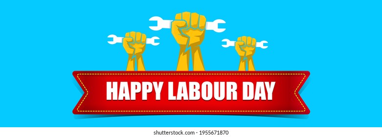 Etiqueta del vector feliz día laboral con puño naranja fuerte sobre fondo horizontal azul. fondo del día de trabajo feliz vector o banner horizontal con mano de hombre. afiche del día del trabajador