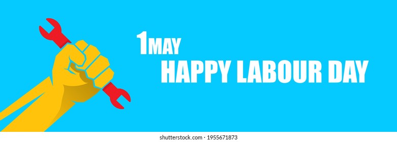 Happy labour day vector label with strong orange fist on blue horizontal background. vector happy labor day background or horizontal banner with man hand. workers may day poster