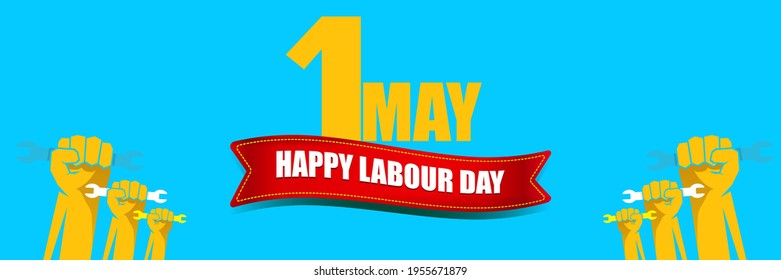Happy labour day vector label with strong orange fist on blue horizontal background. vector happy labor day background or horizontal banner with man hand. workers may day poster