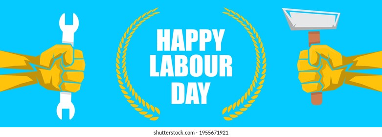 Etiqueta del vector feliz día laboral con puño naranja fuerte sobre fondo horizontal azul. fondo del día de trabajo feliz vector o banner horizontal con mano de hombre. afiche del día del trabajador