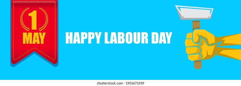 Happy labour day vector label with strong orange fist on blue horizontal background. vector happy labor day background or horizontal banner with man hand. workers may day poster