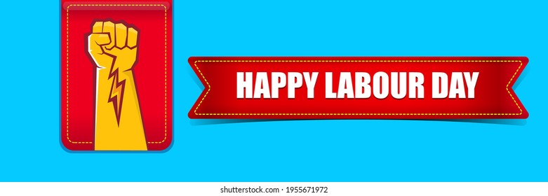 Etiqueta del vector feliz día laboral con puño naranja fuerte sobre fondo horizontal azul. fondo del día de trabajo feliz vector o banner horizontal con mano de hombre. afiche del día del trabajador
