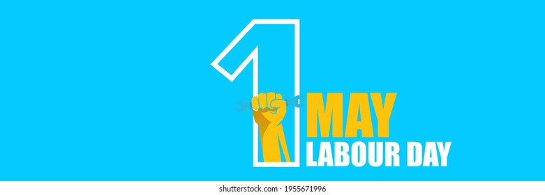Happy labour day vector label with strong orange fist on blue horizontal background. vector happy labor day background or horizontal banner with man hand. workers may day poster