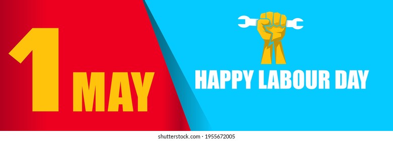 Etiqueta del vector feliz día laboral con puño naranja fuerte sobre fondo horizontal azul. fondo del día de trabajo feliz vector o banner horizontal con mano de hombre. afiche del día del trabajador