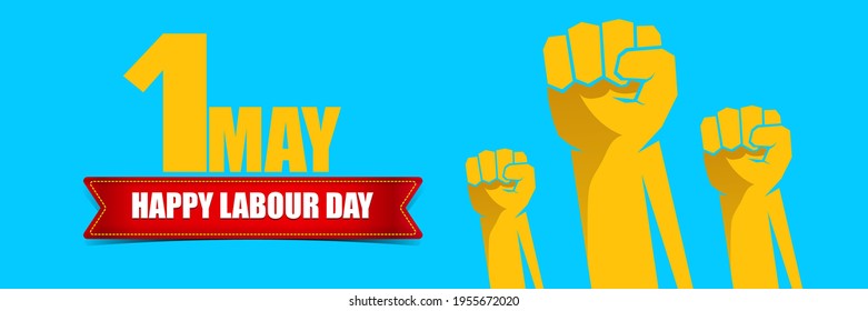 Etiqueta del vector feliz día laboral con puño naranja fuerte sobre fondo horizontal azul. fondo del día de trabajo feliz vector o banner horizontal con mano de hombre. afiche del día del trabajador