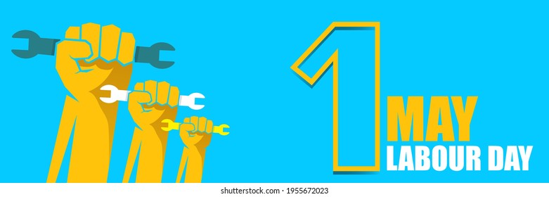 Etiqueta del vector feliz día laboral con puño naranja fuerte sobre fondo horizontal azul. fondo del día de trabajo feliz vector o banner horizontal con mano de hombre. afiche del día del trabajador